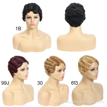 Peruvian Remy Hair Short Wet and Wavy Pixie Cut Wig Ocean Wave Finger Wave None Lace Human Hair Wig for Black Women